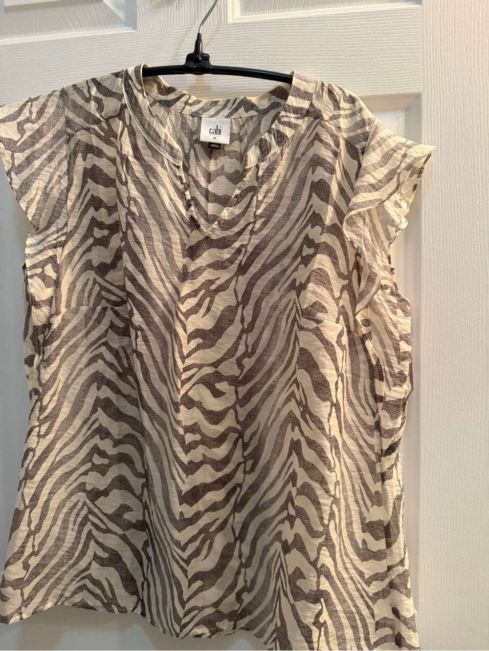 CAbi Taupe and Cream Zebra-Print Cap Sleeve Top